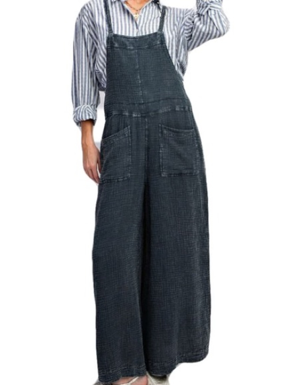 easel Wide-Leg Washed Black Overalls with Front Pockets | NWT